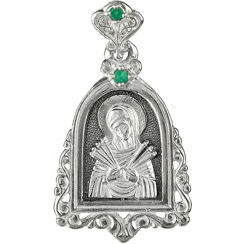 Иконка CORDE Серебряная подвеска Семистрельная икона Божией Матери с натуральными изумрудами, серебро, 925 проба, родирование, изумруд, размер 2.3 см.
