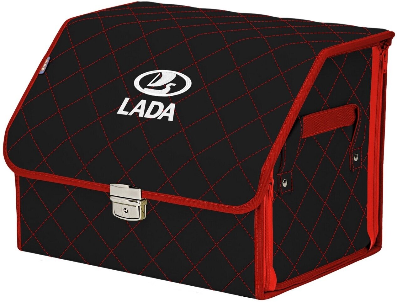Органайзер-саквояж в багажник "Союз Премиум" (размер M). Цвет: черный с красной прострочкой Ромб и вышивкой LADA (лада).