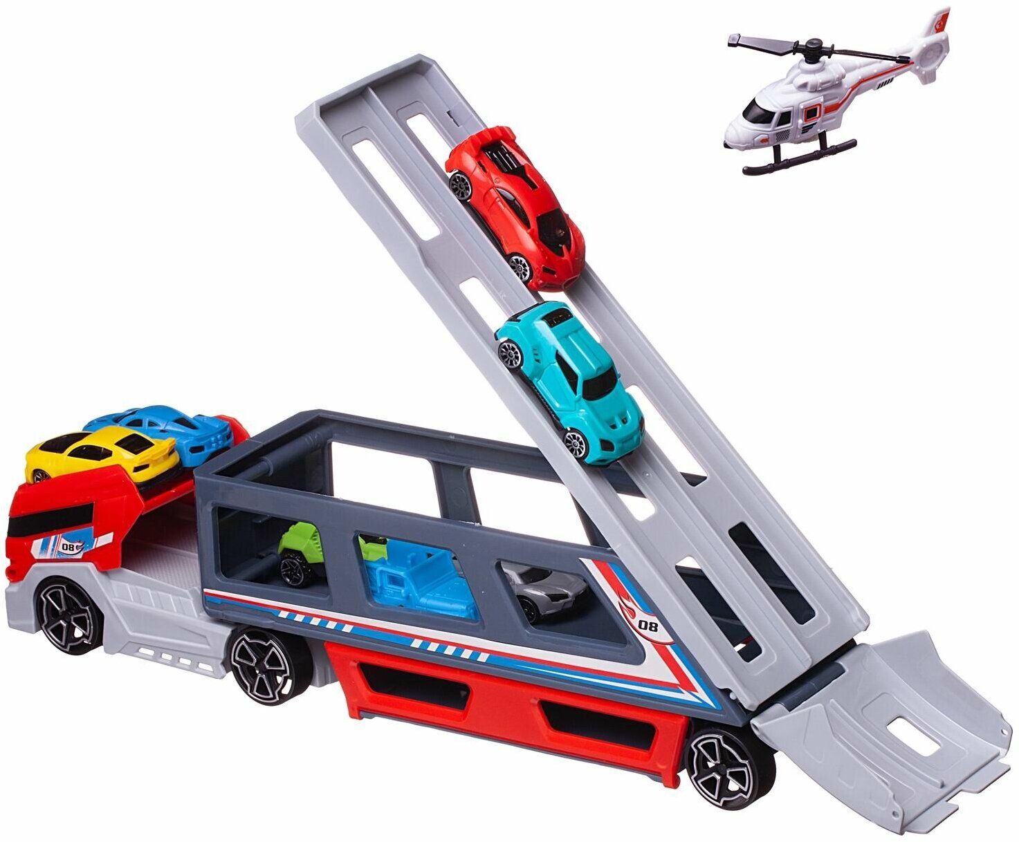 Игровой набор Abtoys Спецтехника Автовоз-трейлер с 8 машинками, со скоростным съездом с верхнего яруса