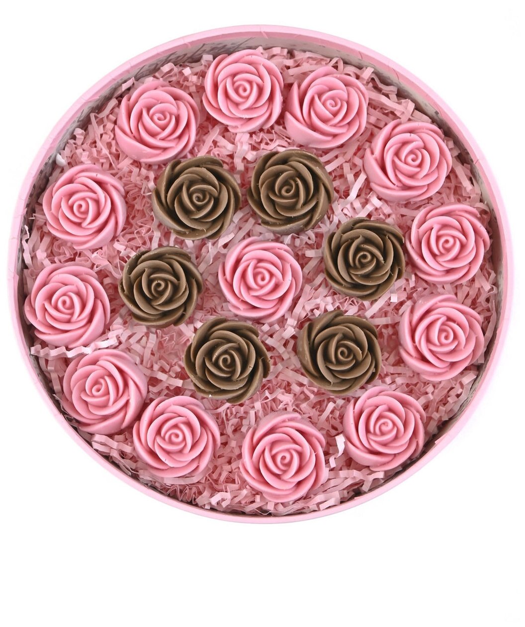 Шоколадные розы CHOCO STORY - 19 шт. в Розовой шляпной коробке, Розовый и Молочный Бельгийский шоколад с узором "Круг", 228 гр. Z19-R-RSH-O - фотография № 5