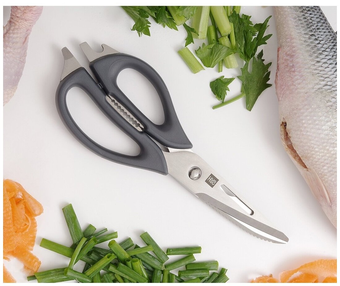 Многофункциональные кухонные ножницы HuoHou Versatile Kitchen Scissors (HU0062 Black RUS), русская версия!!!, серебристые - фотография № 7