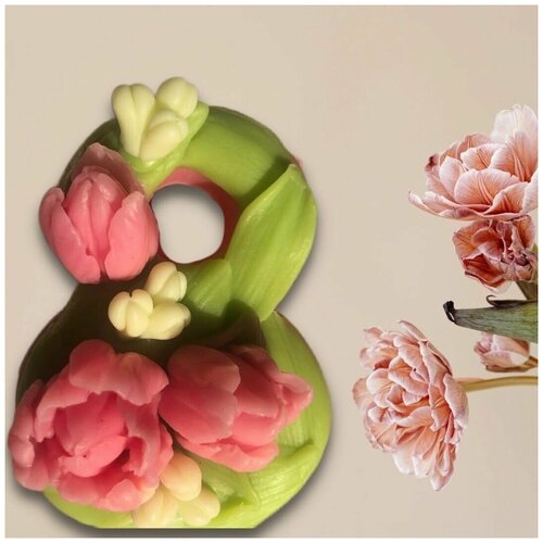 Мыло ручной работы восьмерка с тюльпанами 3Д подарок на 8 марта Розовый мыло ручной работы сердце с тюльпанами цвет в ассортименте