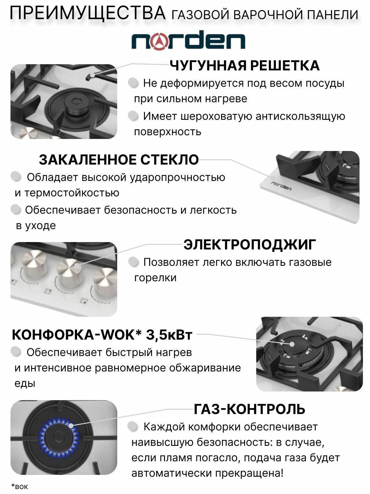 Варочная панель газовая NORDEN Aztech 6L3GT WHG FFD с автоподжигом 60 см., конфорка WOK, чугунная решетка, газконтроль, белый - фотография № 3