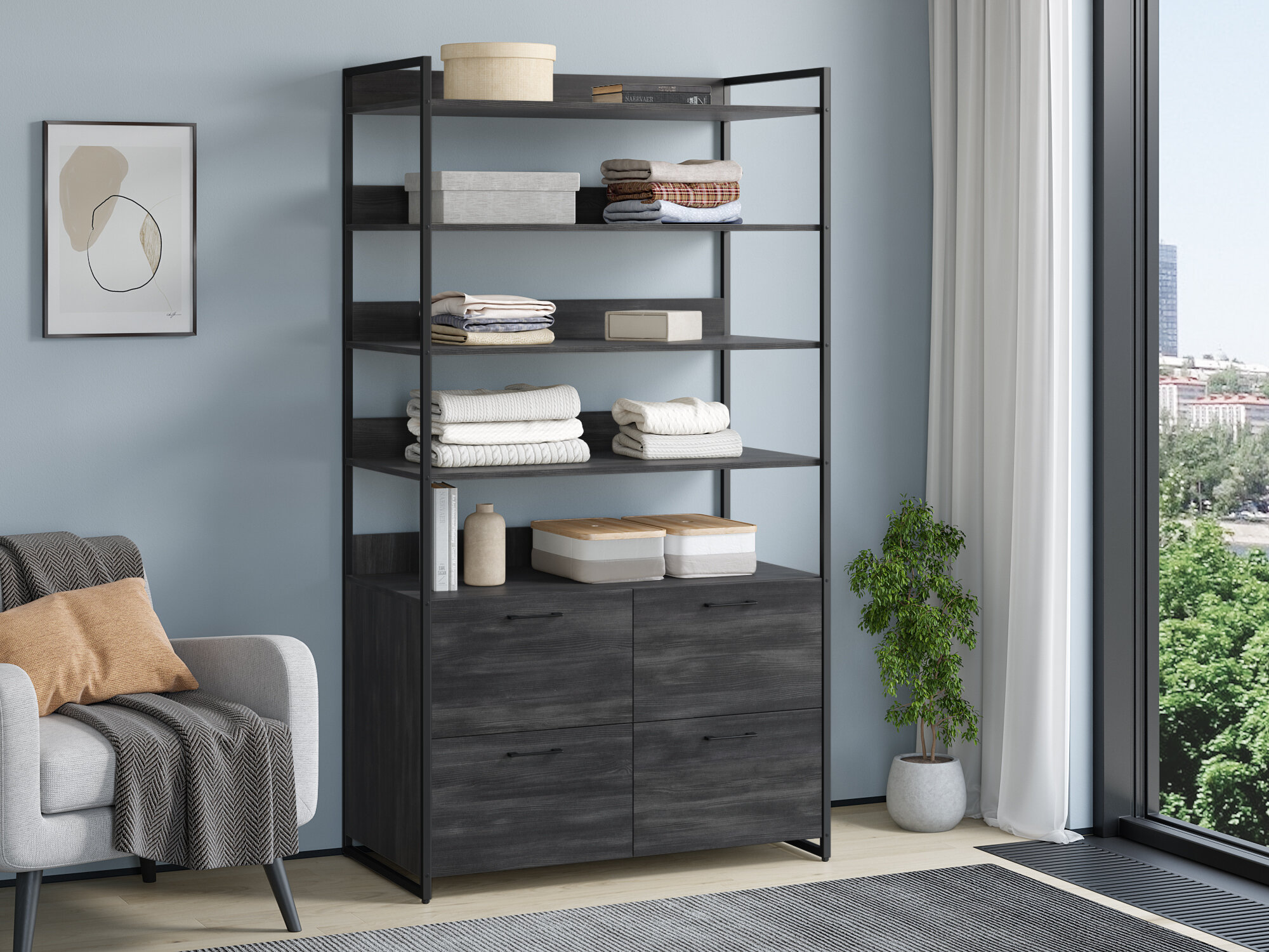 Стеллаж Urban Лофт 04 с ящиками Черный/Северное дерево темное