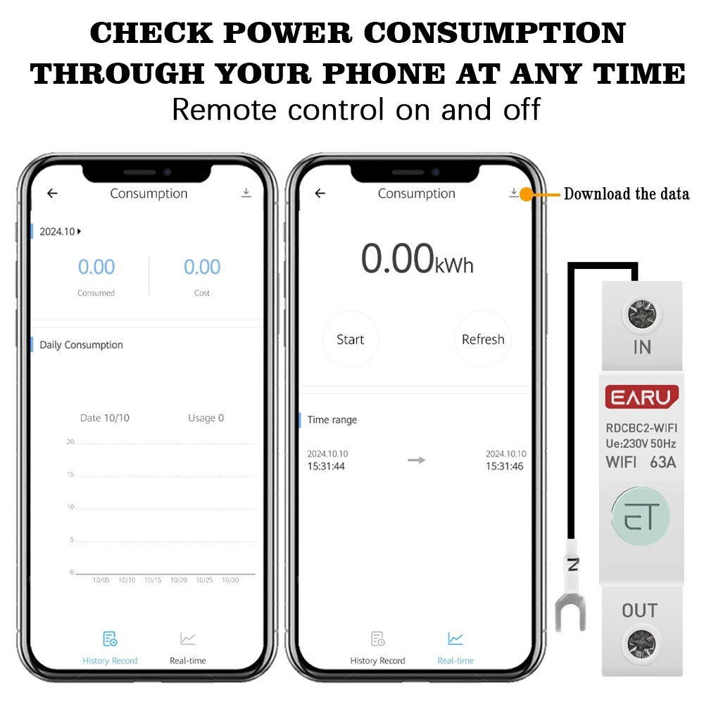 Изображение EARUELECTRIC Умный счетчик энергии 1P DIN-рейка WIFI, 1-63A Adjustable