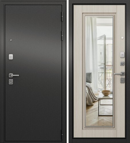 Изображение товара Дверь входная металлическая траст масс 140 Антрацит букле-Ларче бьянко, зеркало, мат. хром кв. 960 левая