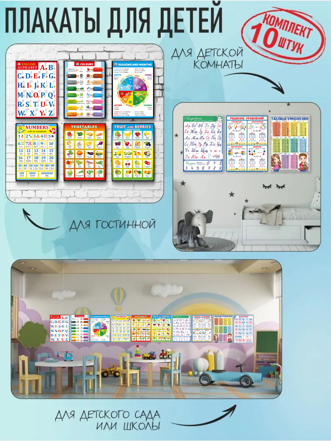 Обучающие плакаты, 10 штук, для детей, на двух языках, русский и английский, A4 формат — фото 1