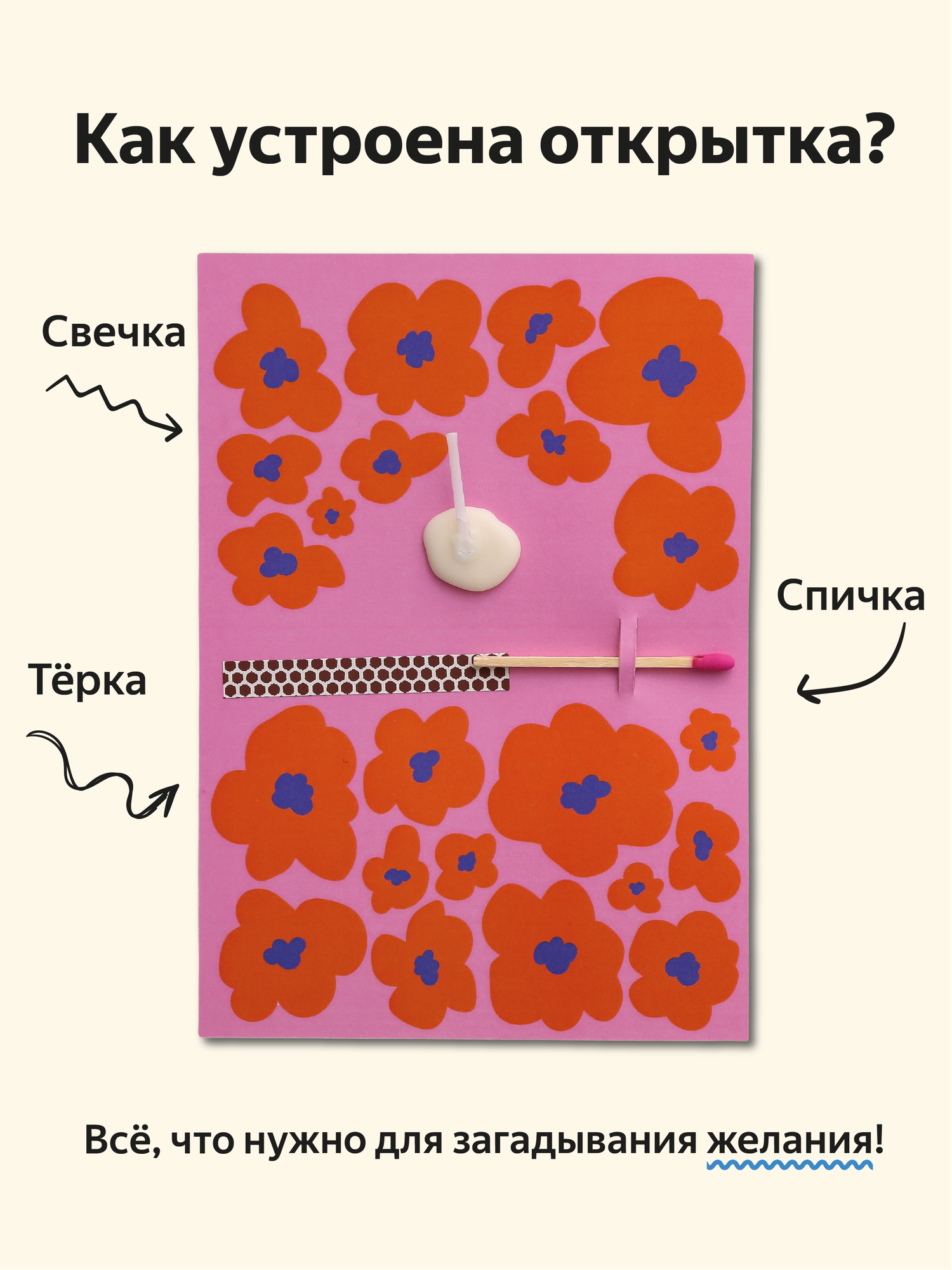 Открытка свечка "Цветочки", от Вьюнчик, 14,8х10,5 см (А6), милая поздравительная открытка, цветы — фото 1