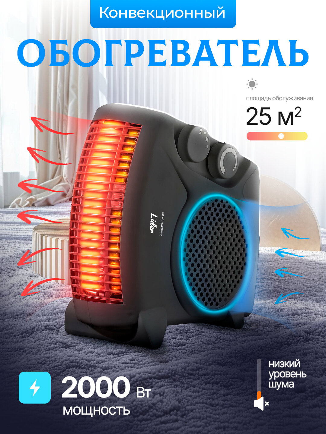 Обогреватель - тепловентилятор, компактный и мобильный, 2000 Вт