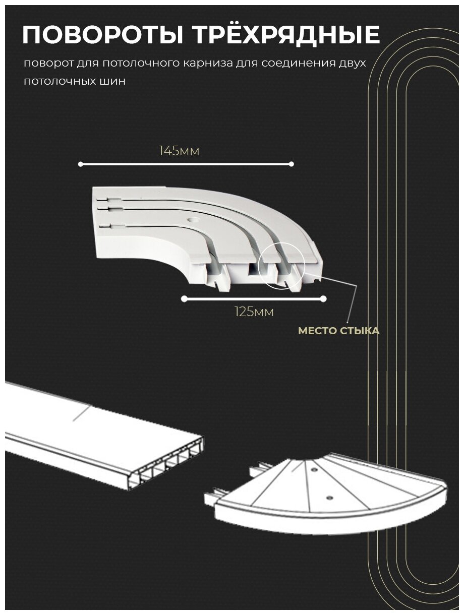 Поворот для карниза трехрядный, 90 градусов, Соединитель трехрядный для шины, комплект из 2 шт: правый и левый, ПоставщикоФФ