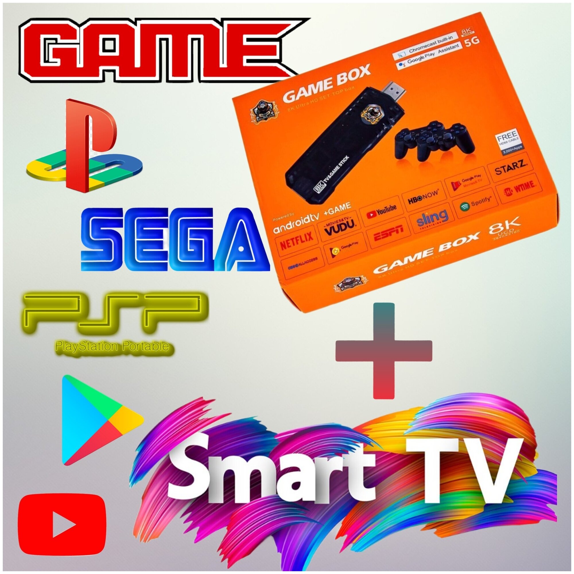 Игровая приставка - Smart TV на базе Android Game Box 8K, консоль для телевизора Game Stick (PSP, PlayStation 1, SEGA и др.) Смарт ТВ на Андроид