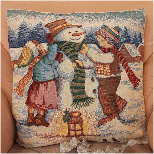 Наволочка декоративная гобеленовая "Дети и снеговик"