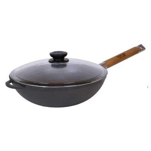 фото Сковорода wok биол чугун 260 мм с крышкой, деревянная ручка