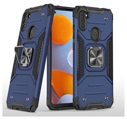 Противоударный чехол для Samsung Galaxy A11 A115 / M11 синий с пластиной для магнитного автодержателя и кольцом подставкой