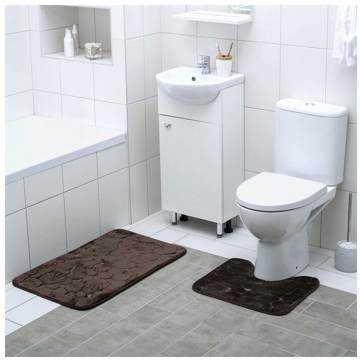 Набор ковриков для ванной и туалета Доляна «Галька, ракушки», 2 шт: 40×50, 50×80 см - фотография № 1