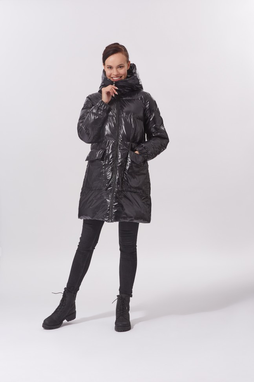 куртка  MADZERINI, демисезон/зима, удлиненная, капюшон, карманы, размер 52, черный