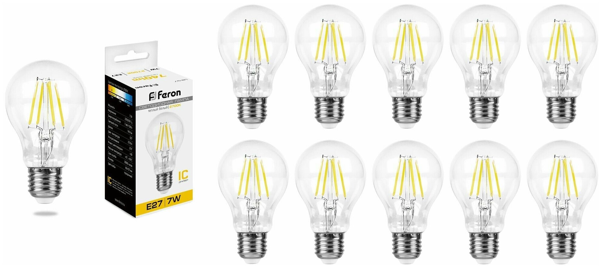 Лампочка светодиодная Feron 7W=60W 230V E27 Груша A60 Филамент Стекло 740Лм Ra>80 2700К, упаковка 10шт.