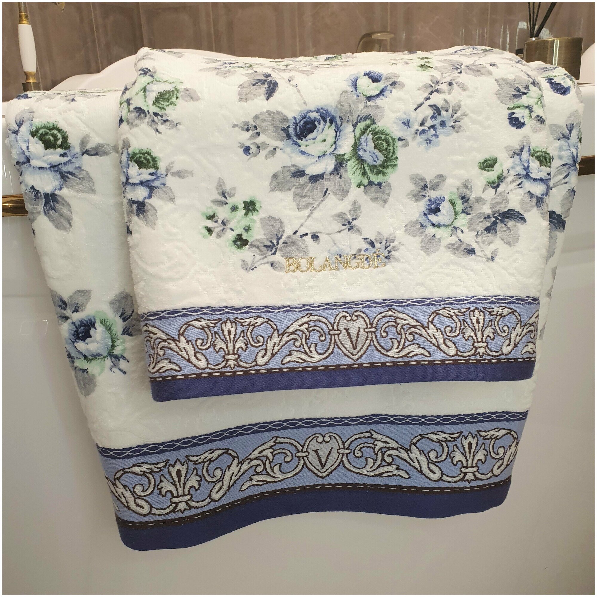 Полотенце для лица, рук, махровое полотенце, чайная роза, синий, 50x90 - фотография № 3