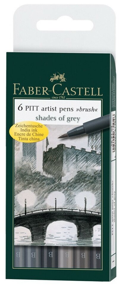 Faber-Castell набор капиллярных ручек Pitt Artist Pens brush shades of grey 6 оттенков серого (167104), 6 шт.