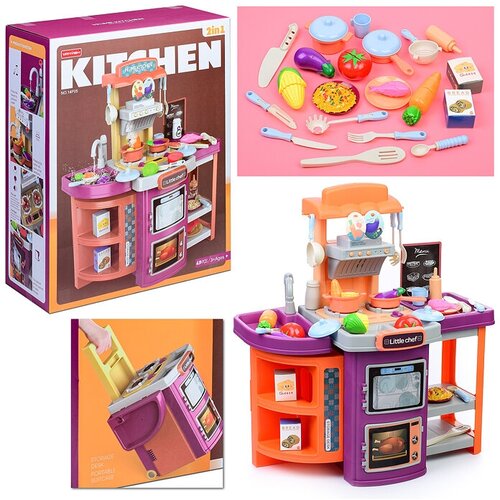 Кухня игрушечная 57 см детская с подачей воды, посудой и продуктами (звук, свет, пар) собирается в тележку / Игровой набор Oubaoloon 14P05 в коробке