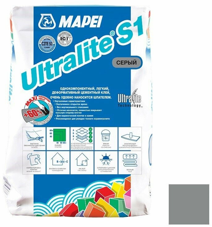 Клей для плитки и камня Mapei Ultralite S1 серый 15 кг