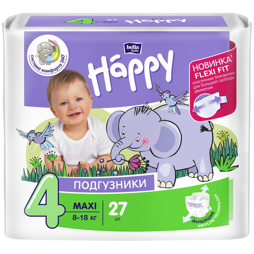 Bella Baby Happy подгузники maxi 4 (8-18 кг), 27 шт., белый