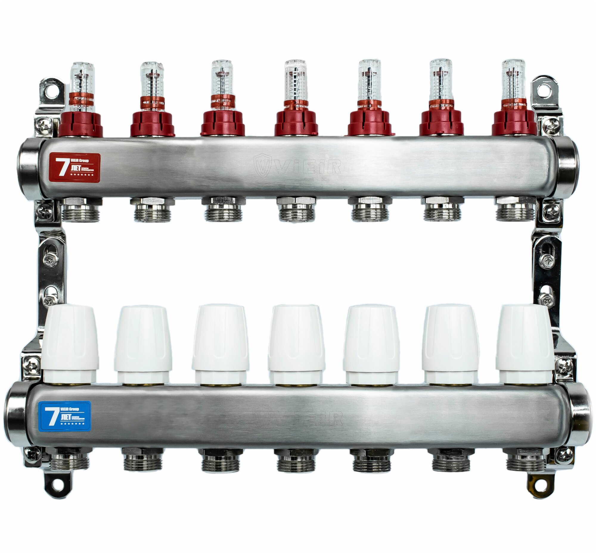 Коллектор теплого пола 7 выходов с расходомерами 1"x3/4" "ViEiR" Проходная коллекторная группа 7 контуров