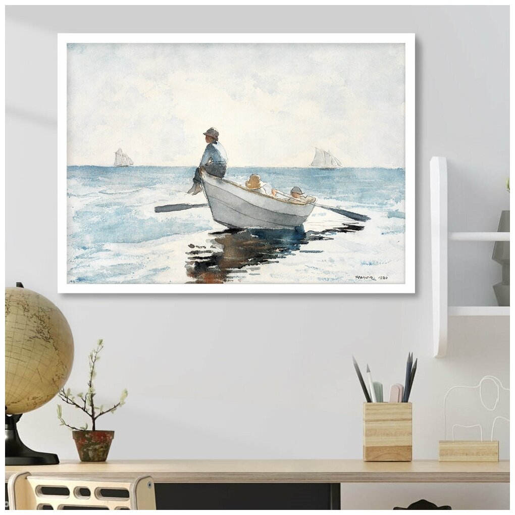 Постер В рамке "Хомер художник, лодка в море, рисунок" 50 на 70 (белая рама) / Картина для интерьера / Плакат / Постер на стену / Интерьерные картины