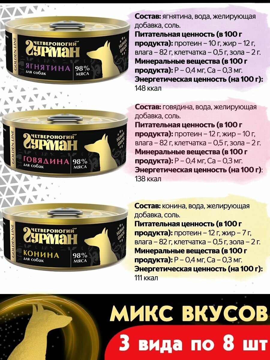 Корм консервированный для собак Четвероногий Гурман "Golden line микс 3 вкуса по 8 шт.( гов, ягн. кон.)", 100 г х 24 шт.