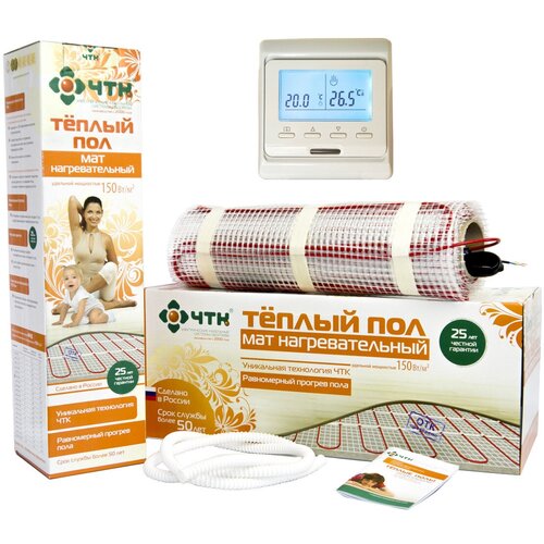 Теплый пол электрический под плитку ЧТК 150 м2 150 Втм2 с терморегулятором программируемым белым в комплекте 35134₽