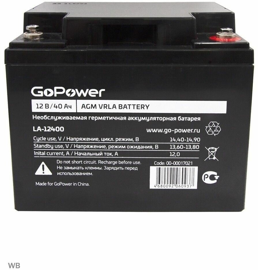 Аккумулятор свинцово-кислотный GoPower LA-12400 12V 40Ah Аккумулятор свинцово-кислотный GoPower LA-12400 (00-00017021) - фото №4