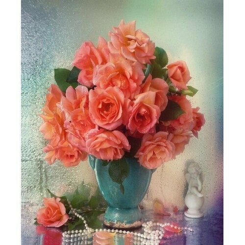 Картина по номерам 30 х 40 см, "Розовые розы и натуральный жемчуг"