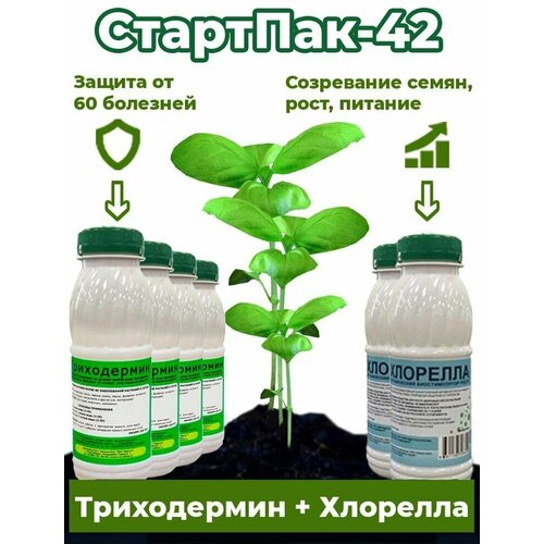 Набор для ускоренного роста и защиты растений СтартПак-42, биопрепараты для растений Корпус Агро - биофунгицид триходермин 4 бут. х250мл, биостимулятор хлорелла 2 бут. х250 мл