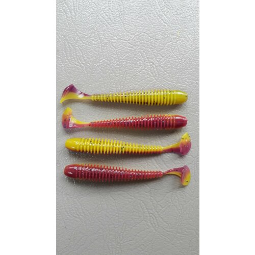 Мягкая силиконовая приманка Свинг (Ribbed Worm) 89мм,8шт Розово-желтый (Pion Сhartreuse).