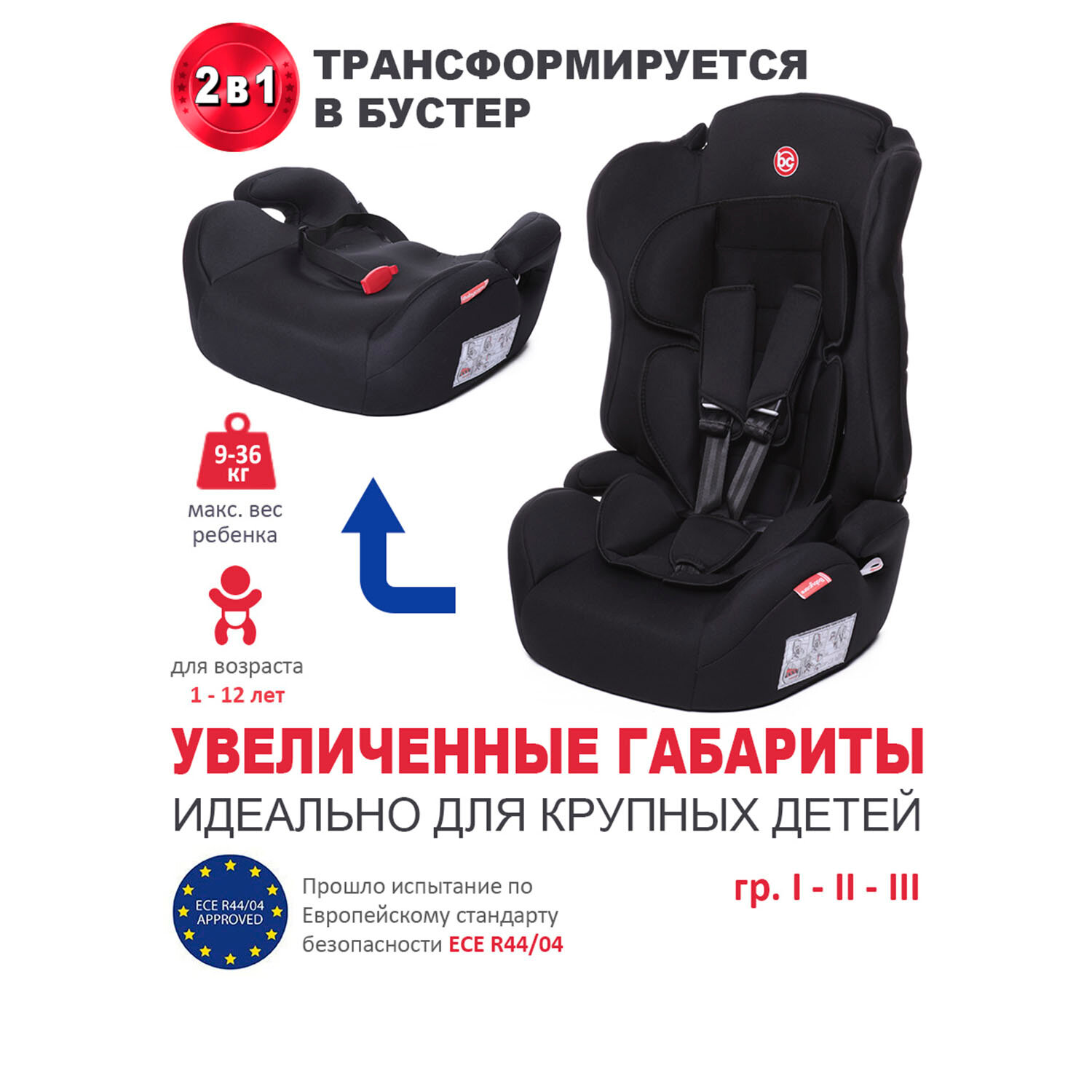 Baby Care Детское автомобильное кресло Upiter Plus гр I/II/III, 9-36кг, (1-12лет) Черный