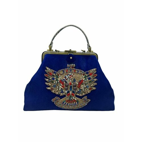 Сумка саквояж Королевство Птички & Бабочки, фактура бархатистая, синий