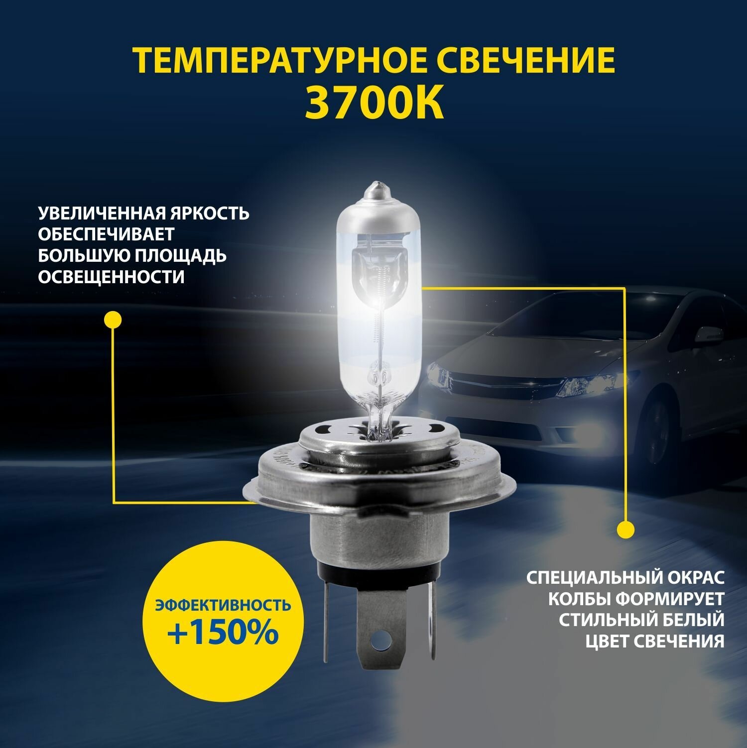 Лампа h4 галогеновая автомобильная Premium +150% Goodyear 12V 60/55W P43t для LADA ВАЗ 2104-2109, 2113-15, Granta, Largus 1 пок, VW Polo седан, Hyundai Solaris, Kia Rio — фото 1