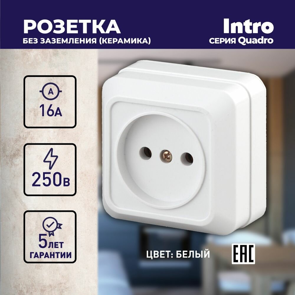 Розетка Intro Quadro 2-201-01 без заземления 2P 16А-250В IP20 открытой установки белая