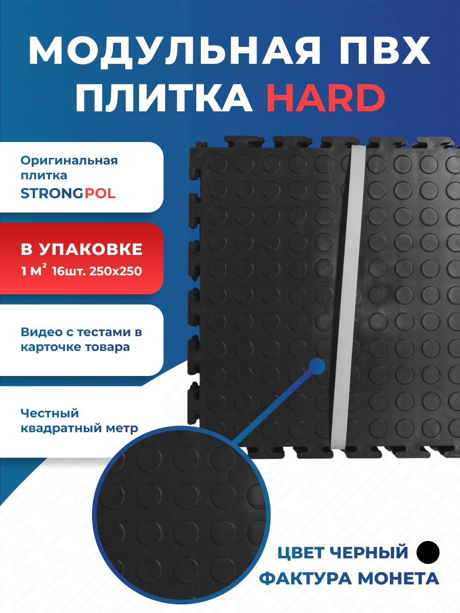 Модульная плитка ПВХ для гаража 1 м² Strongpol черная Монетка / Модульное покрытие для спортзала strong_lite_dark