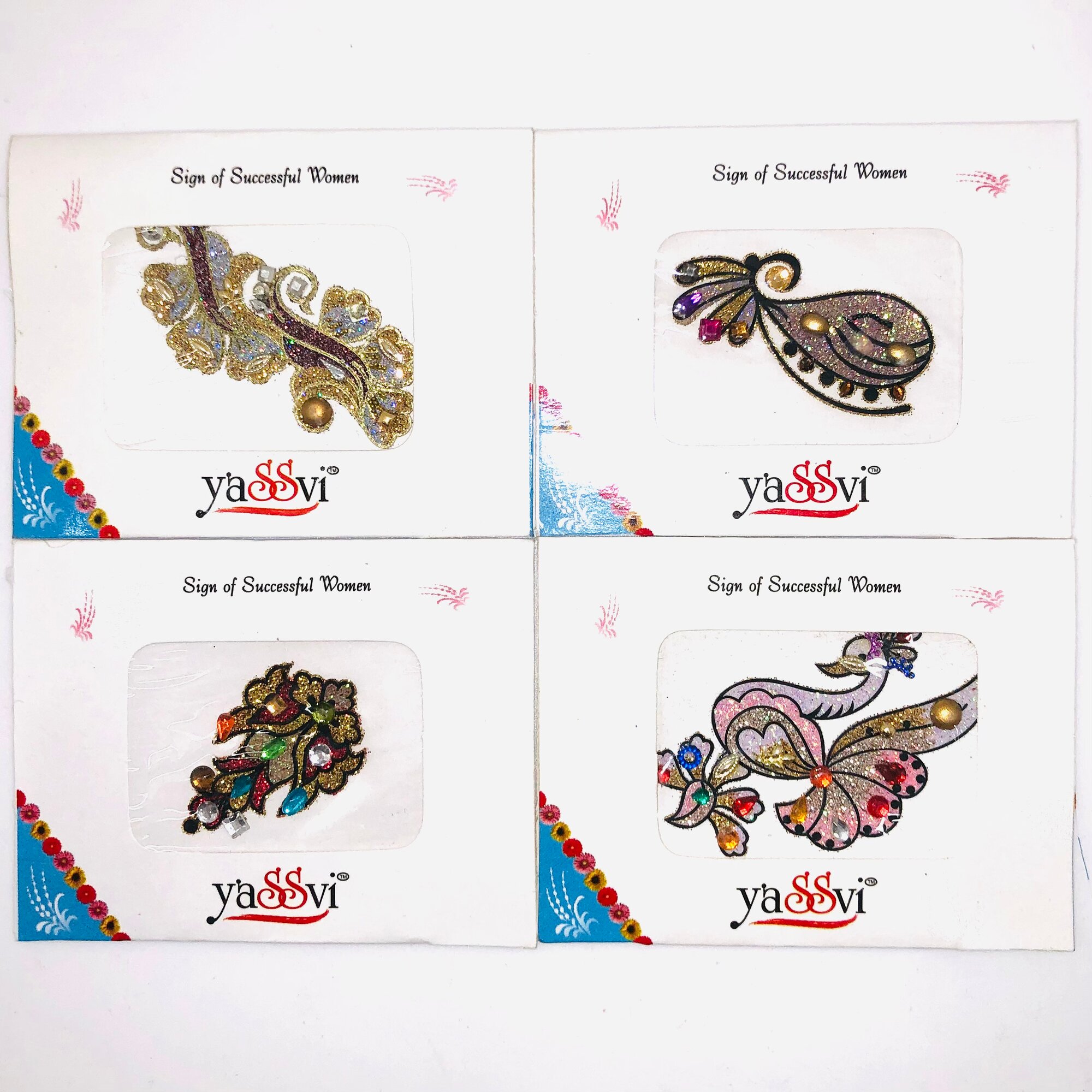 Бинди, набор наклеек на тело/ лицо, блестки, стразы, 4 шт, 6х5 см, Индия.