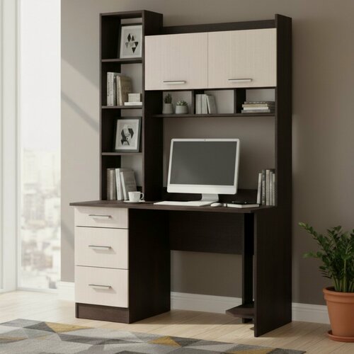 Изображение товара Стол письменный с надстройкой ПКС-5 (Венге/Дуб белфорт), компьютерный стол со стеллажом и ящиками, 125х60х197 см
