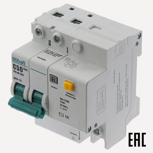 Изображение товара Дифференциальный автомат ДИФ101-2Р-050А-100-C 15016DEK (тип АС) 50А-100мА 230В 2P 4мод. 4,5кА (DEKraft)