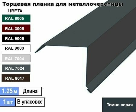 Торцевая планка для металлочерепицы 1.25м (1шт) Ral 7024 ( Темно серая ) - фотография № 1