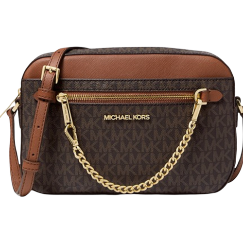 Сумка Michael Kors коричневая кроссбоди в монограмму с золотой фурнитурой Jet Set Large Printed Logo Crossbody Bag