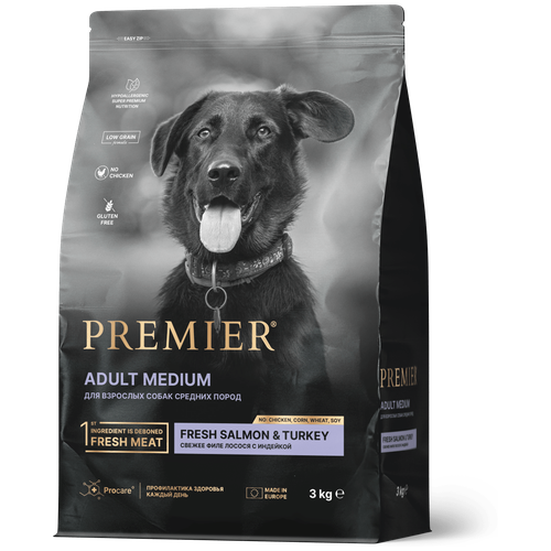 Сухой корм для собак Premier Dog Salmon&Turkey ADULT Medium (Свежее филе лосося с индейкой для собак средних пород) 3 кг.