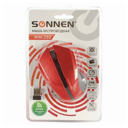 Мышь оптическая беспроводная Sonnen WM-250R USB 1600 dpi 3 кнопки 1 колесо-кнопка красная 60шт 2429700₽