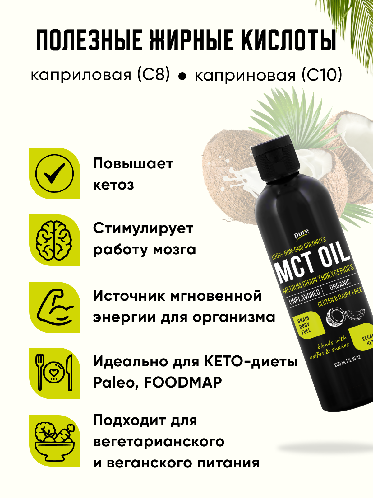 Масло МСТ Pure MCT oil, Кокосовое масло, Кето диета