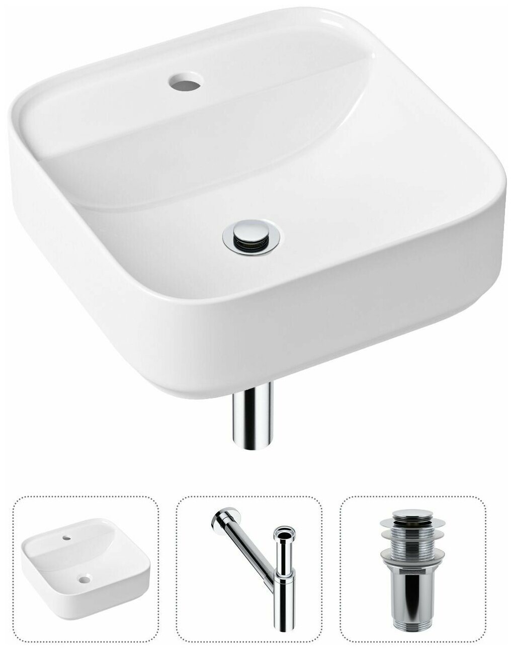 Накладная раковина в ванную Lavinia Boho Bathroom Sink Slim 21520305 в комплекте 3 в 1: умывальник белый, донный клапан и сифон в цвете хром