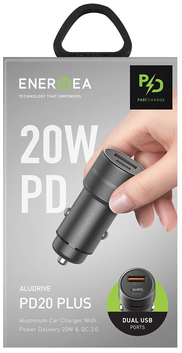 АЗУ EnergEA Alu drive PD20+, USB-C PD20 +USB-A QC3.0 (total 38W) Aluminium Gunmet