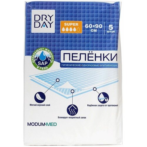 Пеленки Modum Dry Day Super, 60 х 90 см, 4 капель, 5 шт.